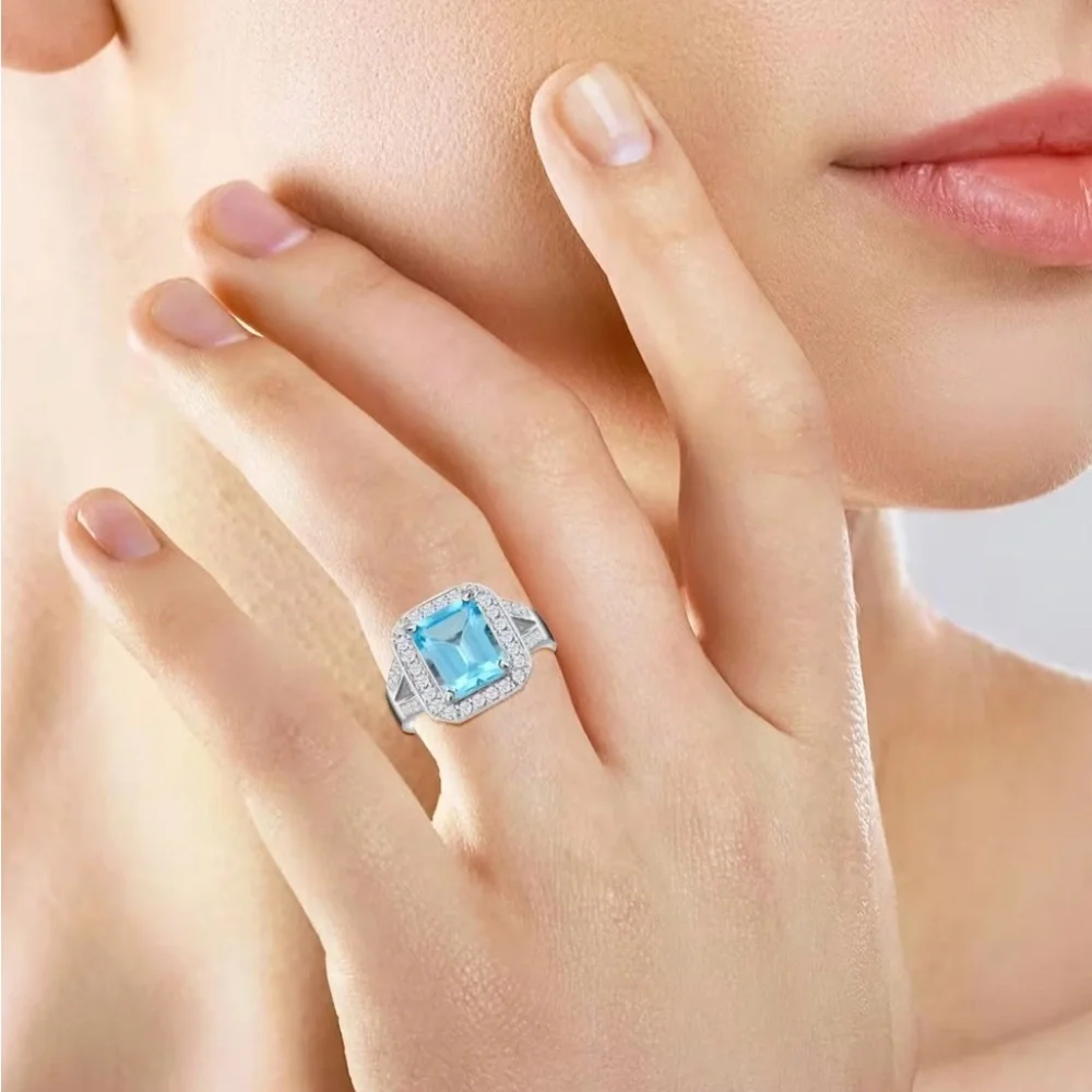 Blue Topaz & Simulated Diamond Ring - Picture 5 of 9